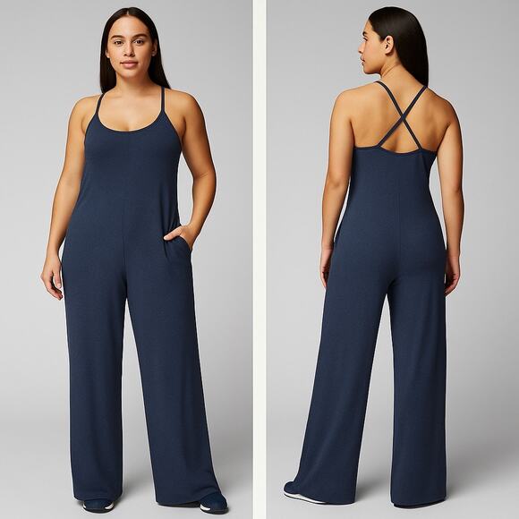 Fabletics Cloud Jersey Wide Leg Romper | Navy Blue Lounge Jumpsuit | Medium - Picture 1 of 10